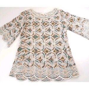 Solitaire Embroidered Top Women's M Lace Scalloped Sleeve Hem Blouse Cottage‎